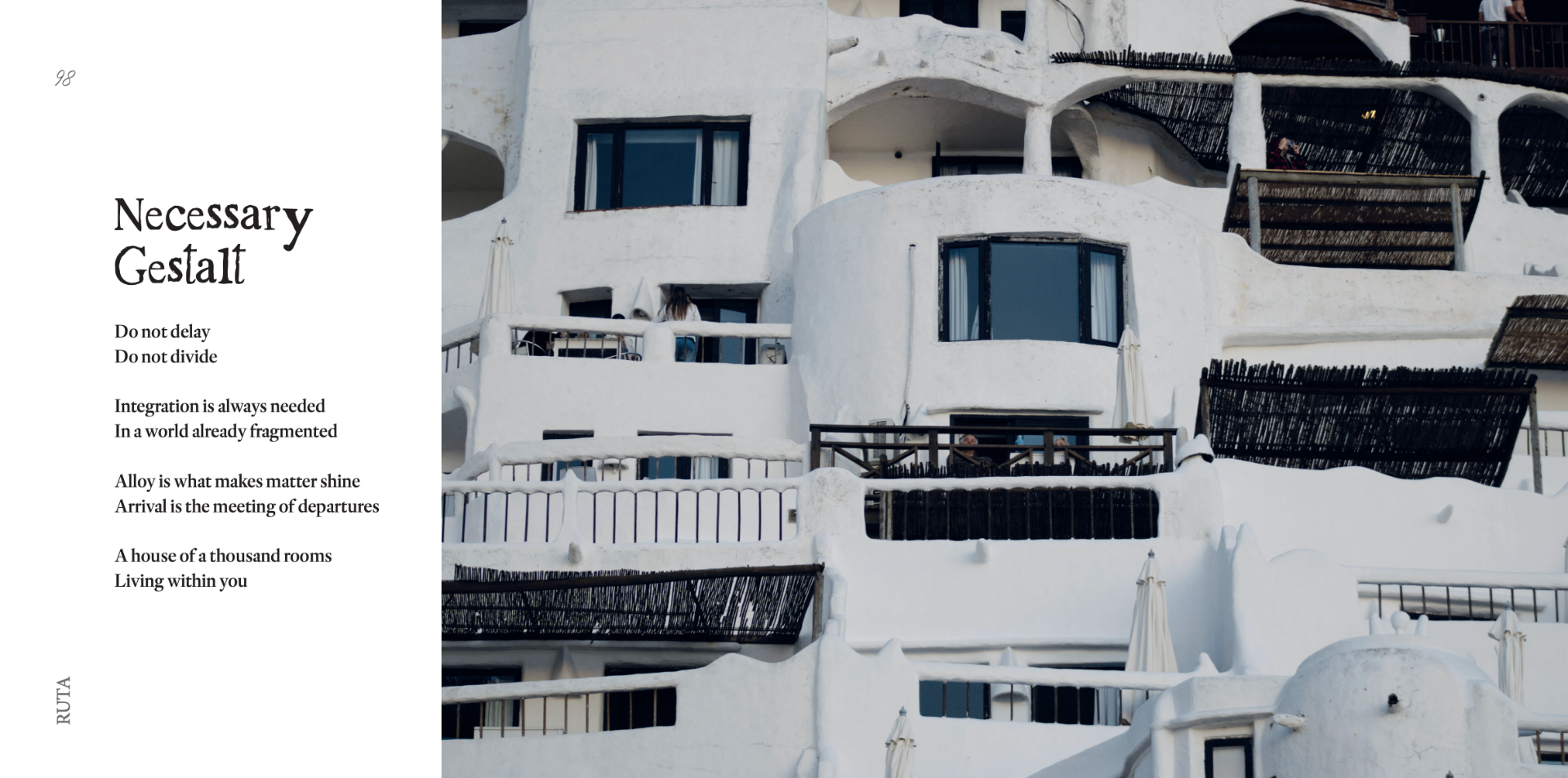 Ruta book spread — Necessary Gestalt poem and white architecture