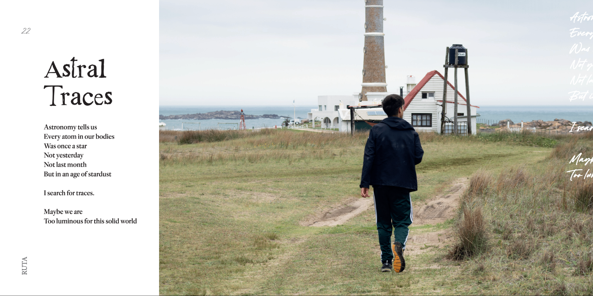 Ruta book spread — Astral Traces poem and lighthouse landscape