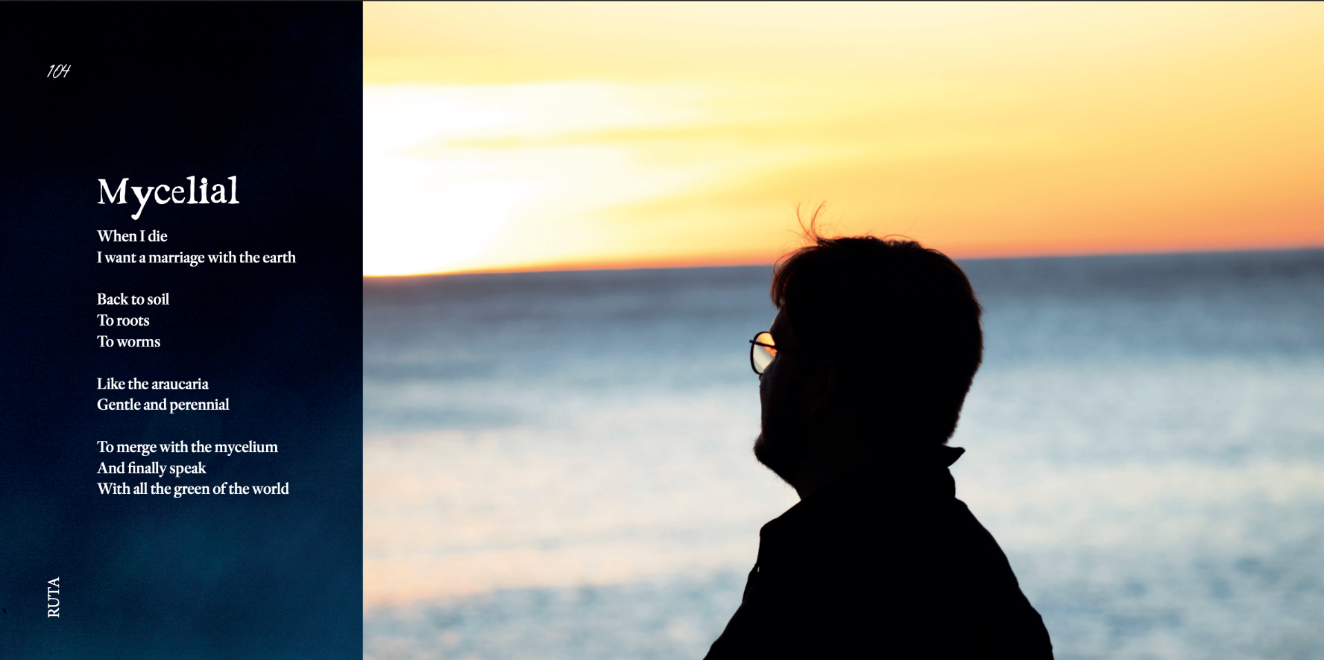 Ruta book spread — Mycelial poem and sunset portrait