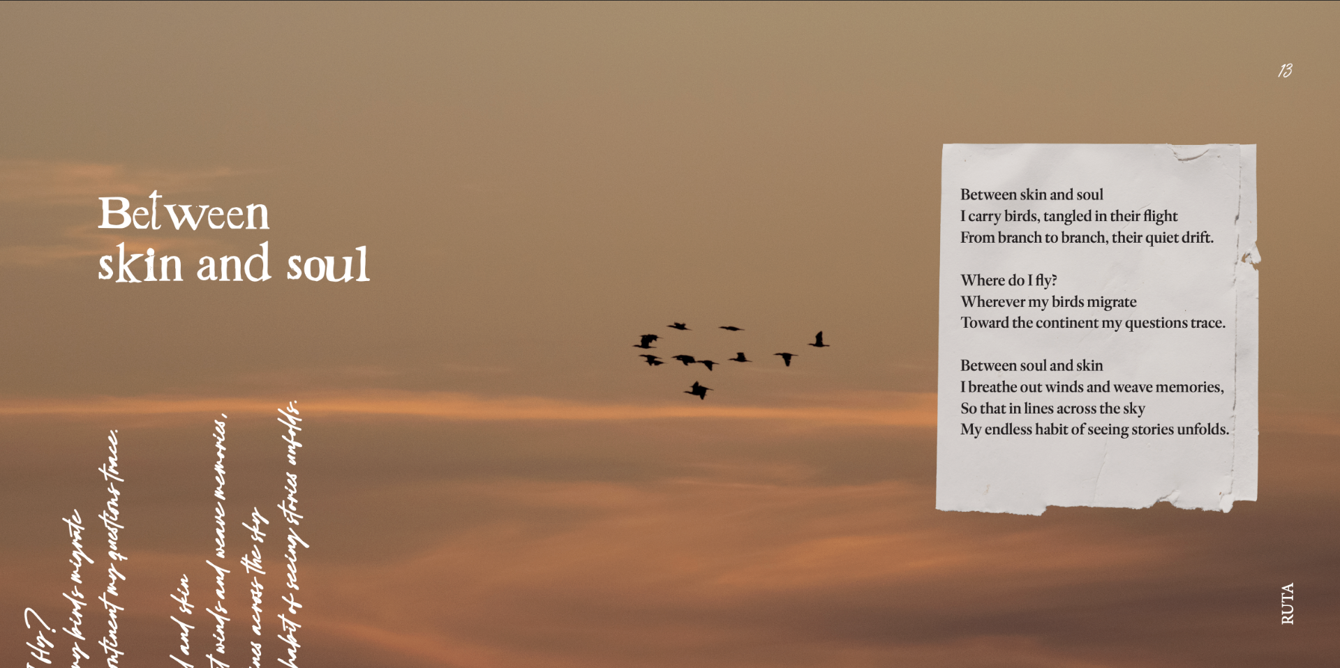 Ruta book spread — Between skin and soul poem over warm sky