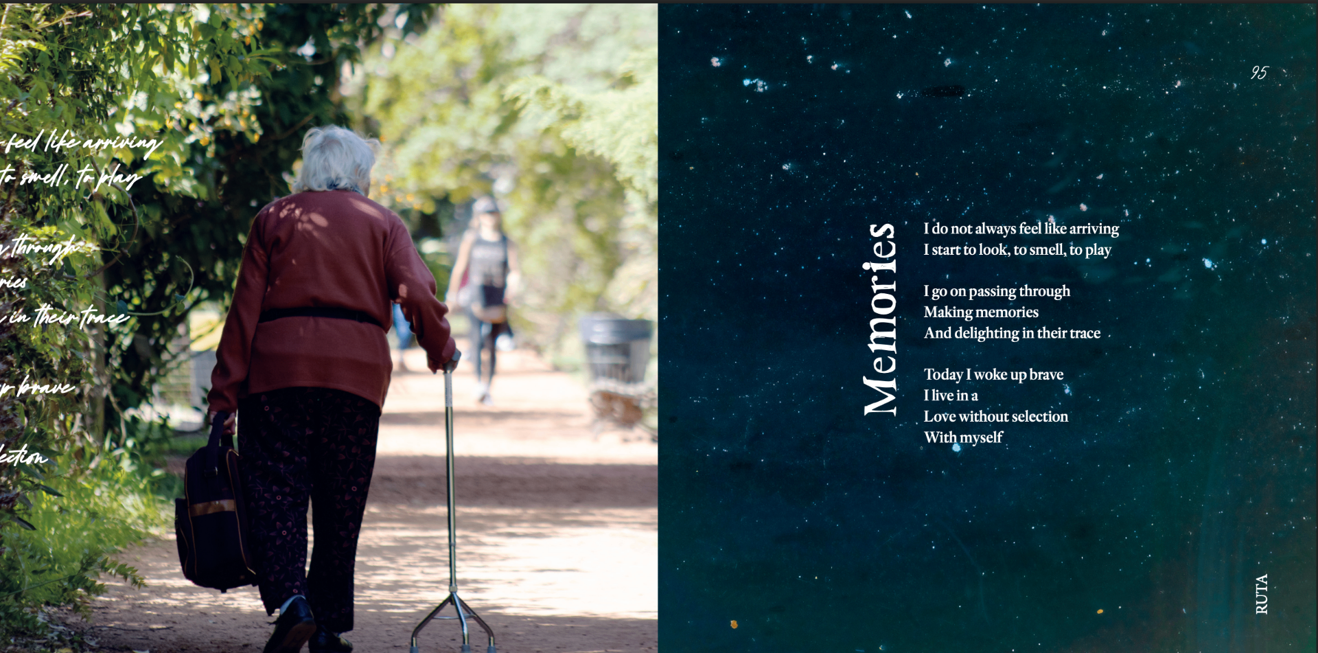 Ruta book spread — Memories poem with walking figure and star field